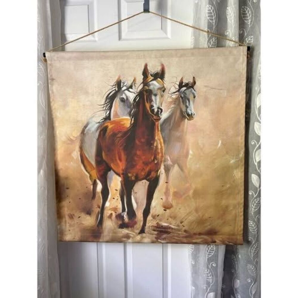 Canvas Wall Hanging - Three Prancing Horses Print, Equestrian Wall Decor 35in